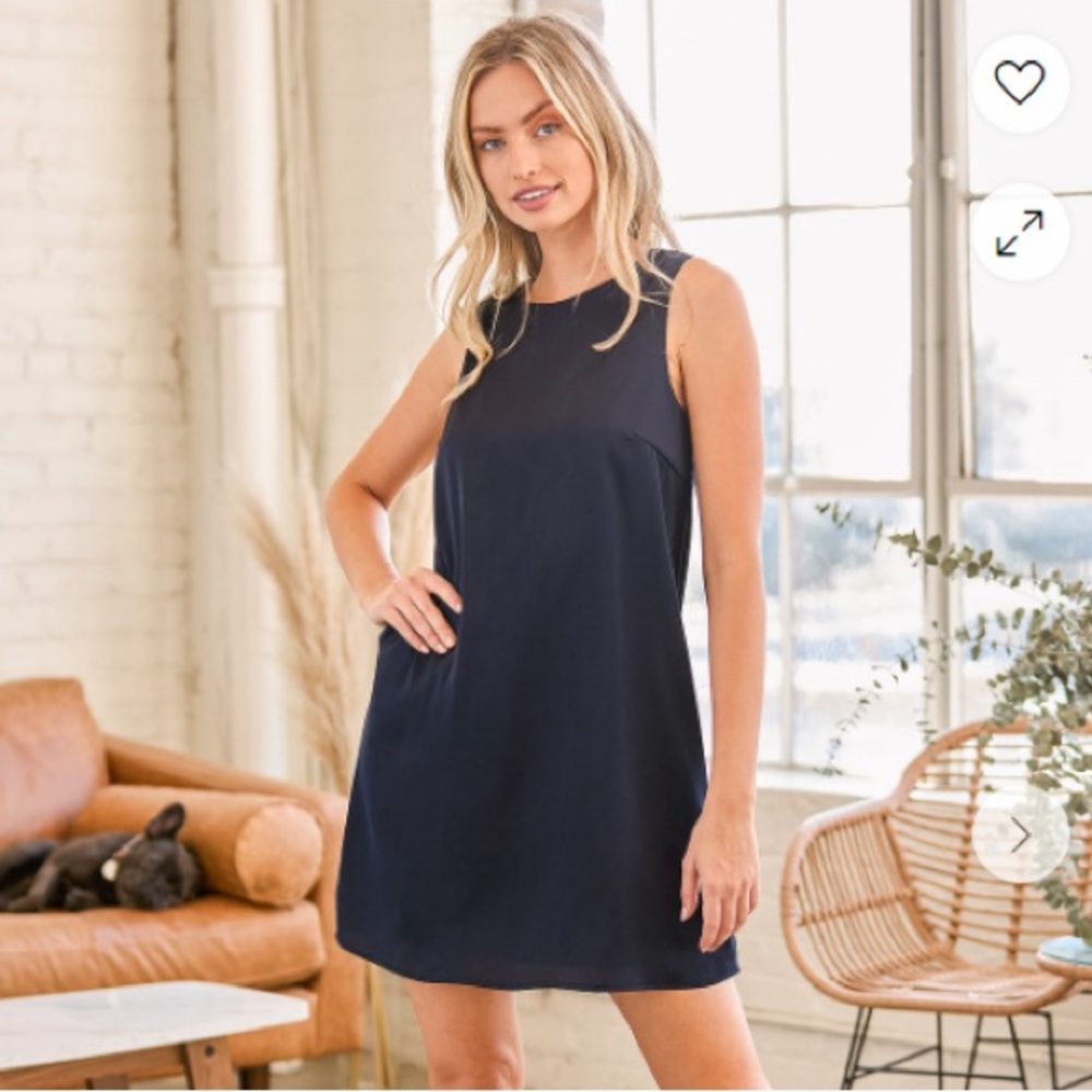 Lulu’s Chic Peak Navy Blue Satin Sleeveless Shift Dress Size S